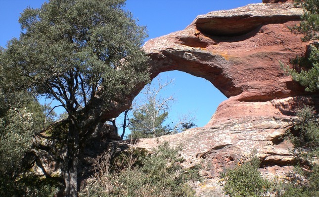 La pedra sorrenca de color vermell que es pot veure a la Roca Foradada caracteritza la geologia de les muntanyes de Prades