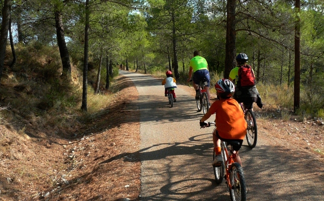 Família pedalant a la via verda de la Terra Alta i el Baix Ebre