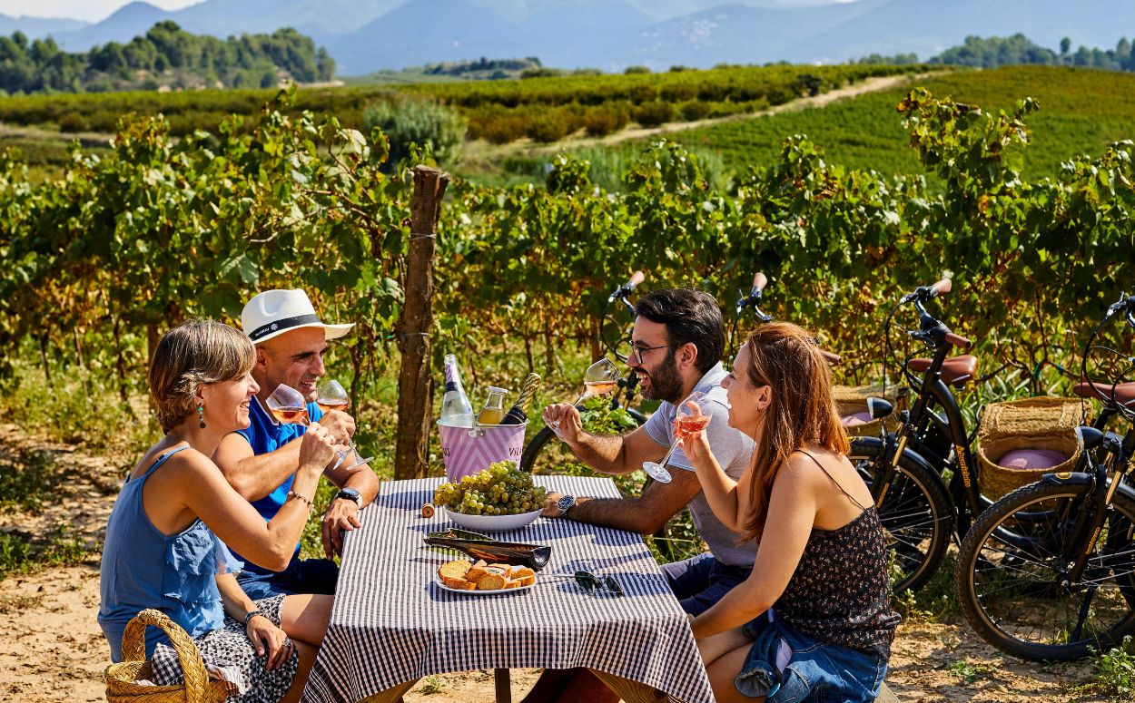 Dinar entre vinyes a un celler de Sant Sadurní d’Anoia, de la DO Penedès