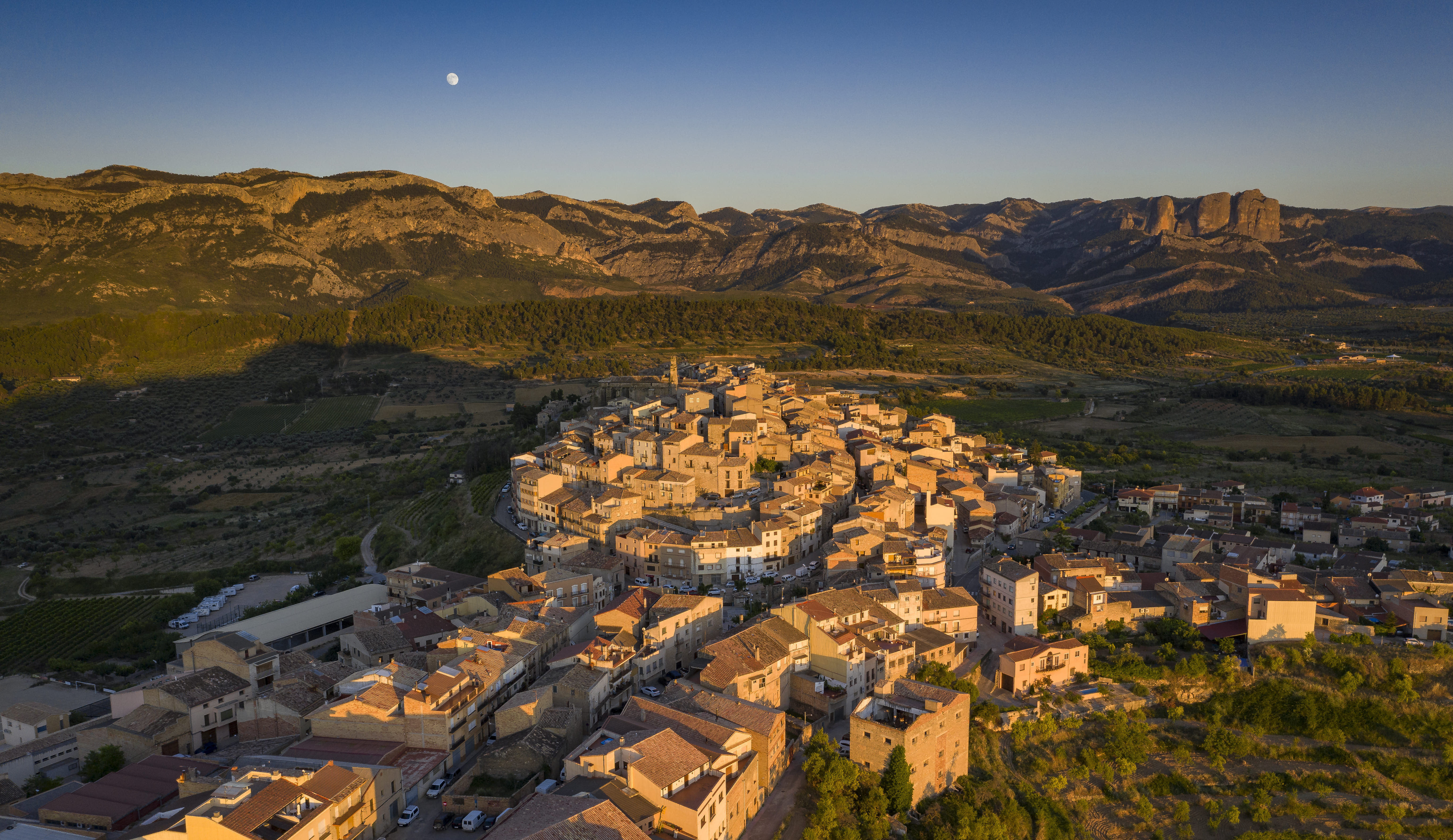 Vista aèria dels entorns d'Horta de Sant Joan i del massís del Port