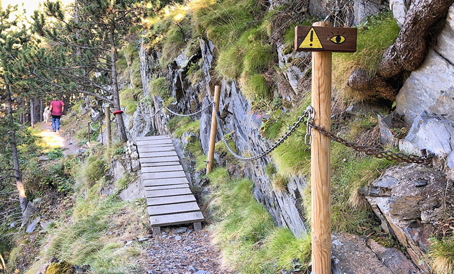 El Camí del Gall de Bosc està marcat amb grans cartells de fusta i figures pintades sobre roques.