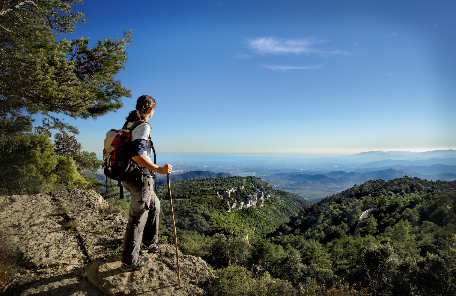 Des del camí ral que uneix Reus amb Prades es té una àmplia perspectiva del Baix Camp, amb la mar al fons. La fotografia està feta sota el coll de les Saleres, a la serra de la Mussara