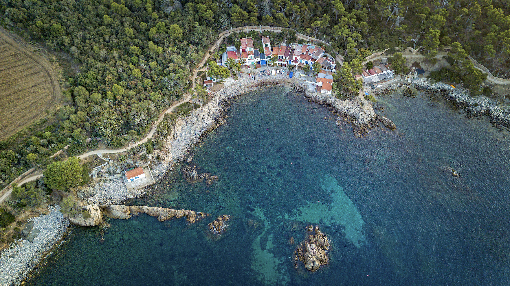 A la cala de s’Alguer són molt populars les barraques i casetes de pescadors, que resisteixen entre la mar i els boscos