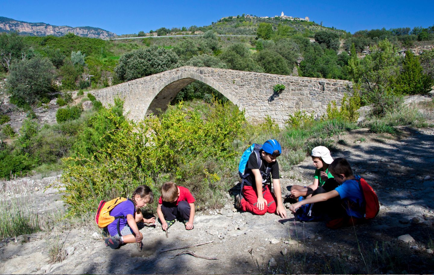 L’Isàvena és superat per un pont medieval molt característic. Al fons, dalt del turó, hi ha Roda d’Isàvena.